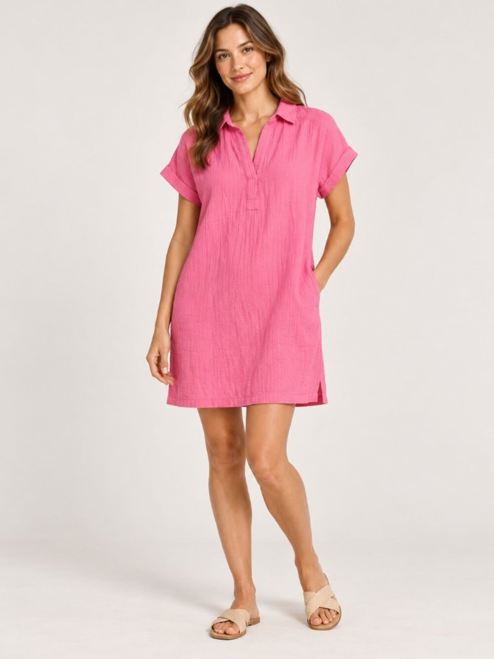 J.Crew Short Sleeve Gauze Popover Mini Dress Festive Pink XXS Cotton